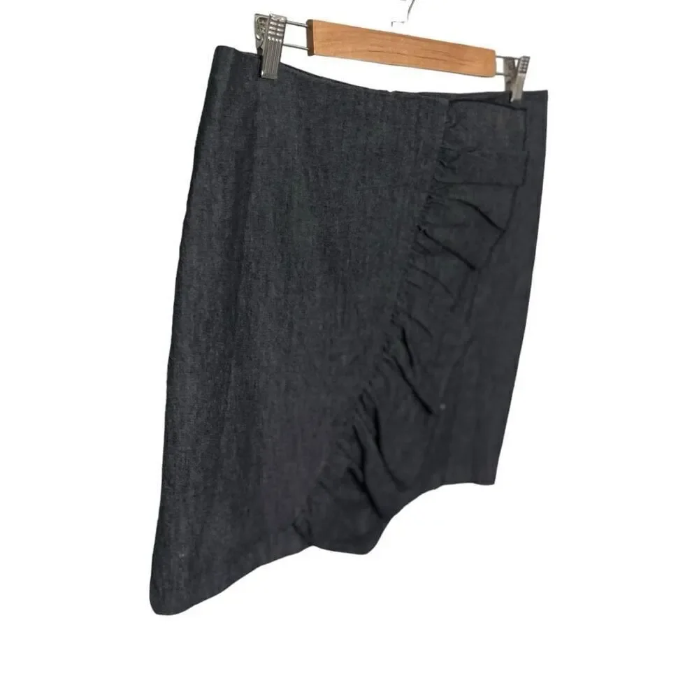Sandro Sportswear Black Chambray Ruffle Straight Skirt Size 12 Zipper Back